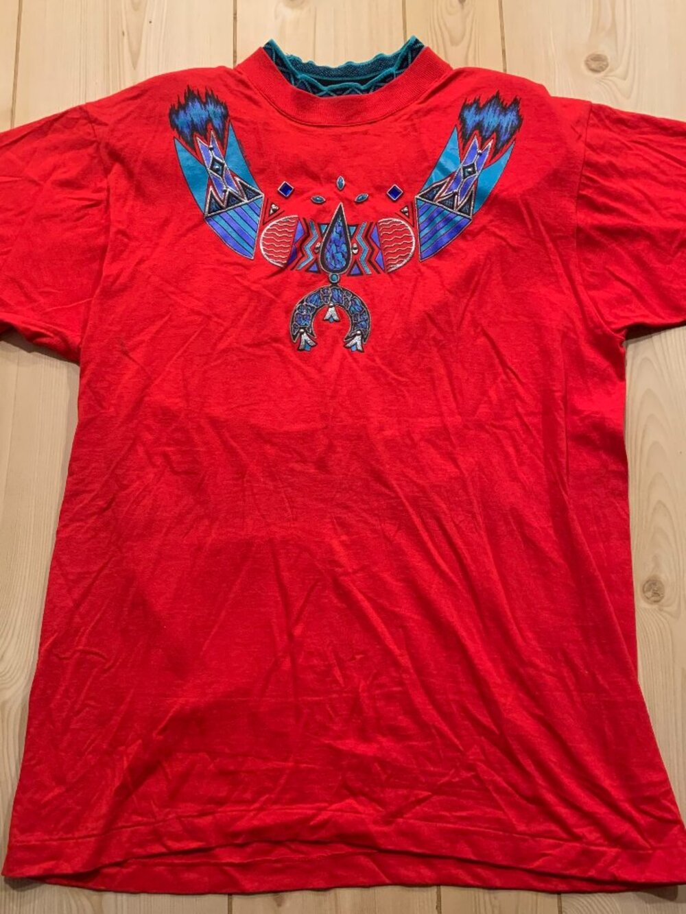Vintage 90s Buffalo Aztec Southwestern Native Beaded Embossed T-Shirt Women's XL